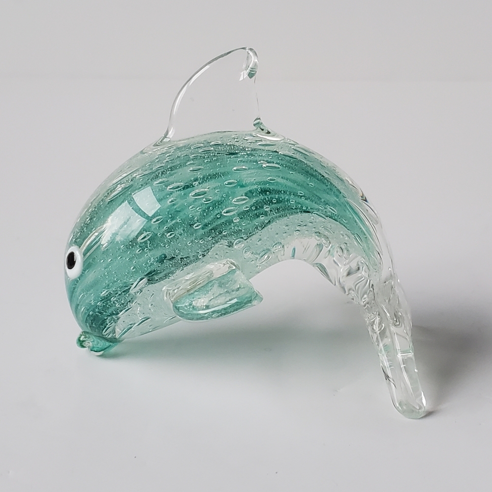 Blown Glass Dolphin Paperweight Figurine Teal Bubbles